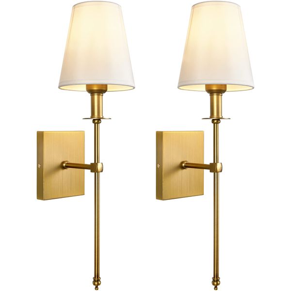 PASSICA DECOR Modern Antique Brass Wall Sconces Set of Two 2 Pack with Vertical Rod and White Fabric Flared Shade,Versatile Used in Bathroom Vanity Stairway Fireplace Kitchen Sink Living Room Bedroom