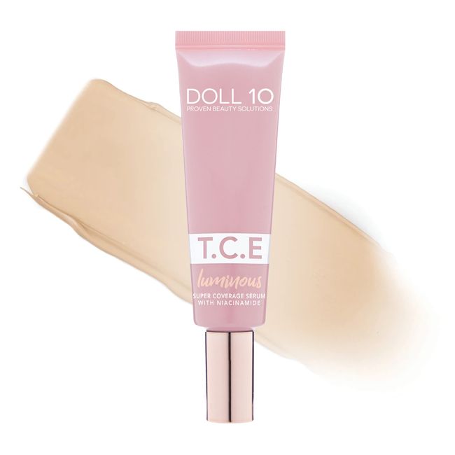 Doll 10 TCE Luminous Super Coverage Serum with Niacinamide - Full Coverage Tinted Foundation Makeup (Light)