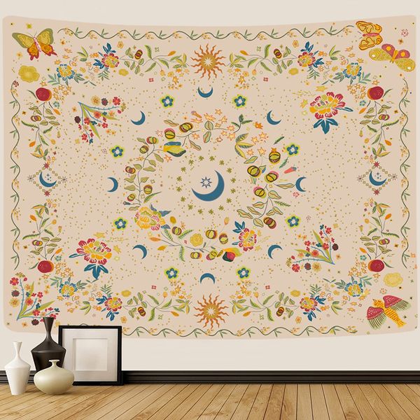 TTYQXZ Wall Tapestry Bohemian - Floral Vine Tapestry Wall Hanging Celestial Sun Moon and Star Tapestries Hippie Home Decor Boho Tapestry for Bedroom Aesthetic (Butterfly Beige, XLarge (70ʺx 90ʺ))