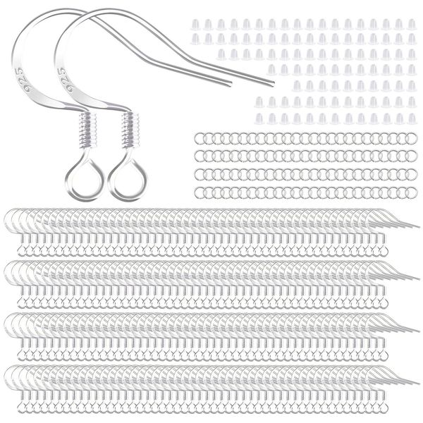 200 PCS/100 Pairs 925 Sterling Silver Plated Earring Hooks Hypoallergenic Silver Ear Wires Fish Hooks with 100 PCS Clear Silicone Earring Backs and 100 PCS Jump Rings for DIY Jewelry Making