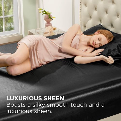 Bedsure Satin Fitted Sheet Queen Size - Black Silk Bed Sheet, Luxury & Ultra Soft, Non-Fading & Wrinkle Free, Good for Hair & Skin (Black, 60x80+15 Inches, 1 Piece)