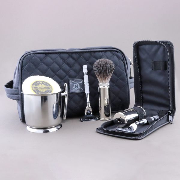 Haryali London Travel Shaving kit with Leather Toiletry Bags & Pouch Travel Protector + 3 Edge Shaving Razors + Synthetic Black Hair Shaving Brush + Shaving soap & Stainless Steel Bowl