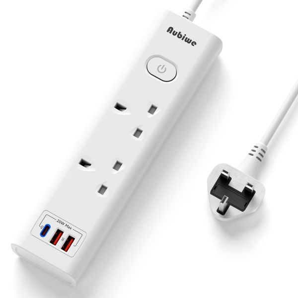 Extension Lead with USB Slots 1.5 Metre, 2 Way Sockets and 3 USB Ports(1 20W PD USB-C and 2 QC USB-A Ports), Extension Cords with Main Switch,13A/ 3250W