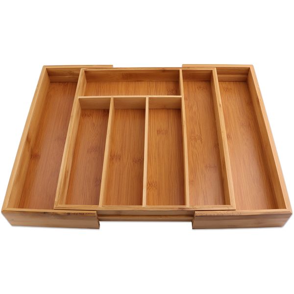 DIVCHI Home Cutlery Tray Organiser |Cutlery Trays| Cutlery Organizer |Bamboo Cutlery Tray | Cutlery Tray for Drawer | 7 Compartment Organiser Extendable Wooden Knife and Utensils Holder Tray Rack