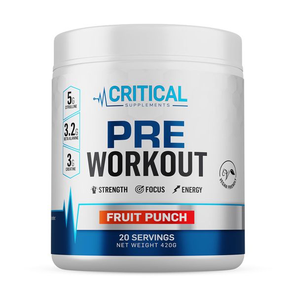 Critical Supplements Pre-Workout Powder – Pre-Workout Supplement for Energy, Hydration, Muscle Pump – Fruit Punch Flavoured Preworkout Powder – Energy Powder with Creatine, Beta-Alanine – 20-Servings