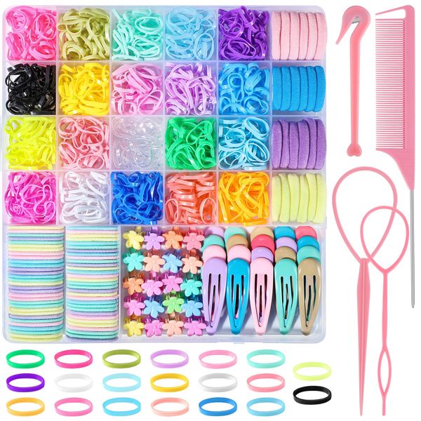 1504 Stück Kleine Haargummis Set, Haargummis Bunte Gummibänder mit Flechthilfe Haare & Haar Clips für Junge Mädchen Weihnachtsgeschenke (20 Farben)