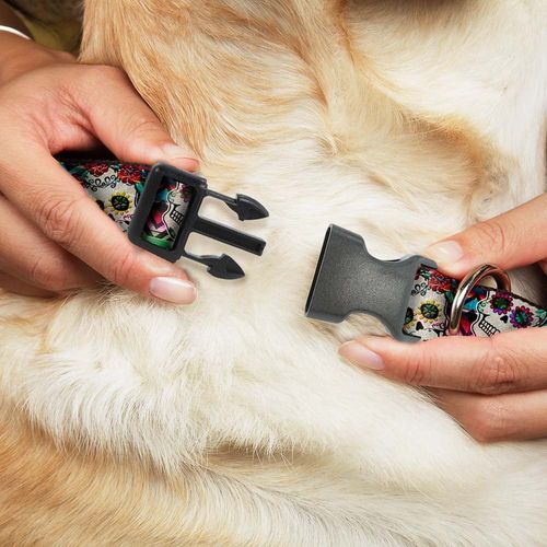 Buckle-Down Plastic Clip Collar - Sugar Skulls Zarape Multi Color - 1" Wide - Fits 15-26" Neck - Large