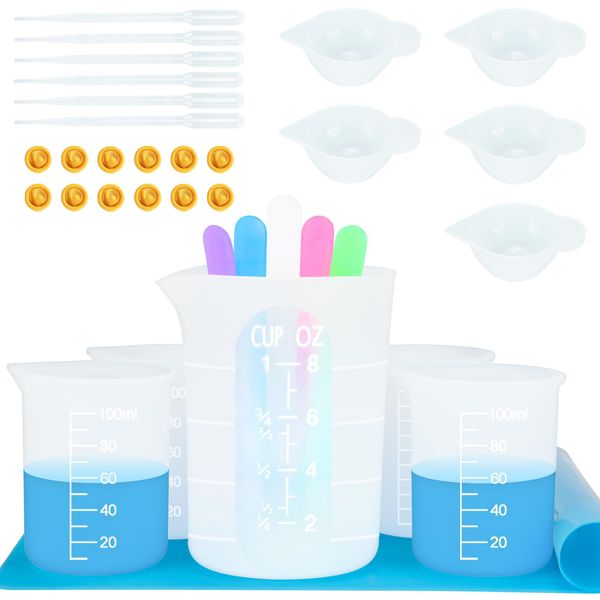 Creahaus Silicone Measuring Cups Tool Kit for Resin, Non-Stick 250 & 100ml Epoxy Mixing Cups, Reusable Resin Supplies with Silicone Mat, Stir Sticks, Pipettes, Cups for Resin, Molds, Jewelry Making