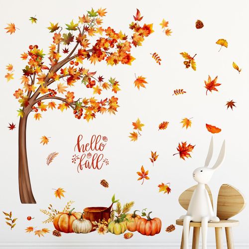 33.46 x 29.92 Inch Fall Tree Wall Decals Watercolor Maple Leaves Tree Wall Sticker Removable Autumn Wall Decal Decor for Autumn Holidays Home Classroom Birthday Thanksgiving Party Decoration