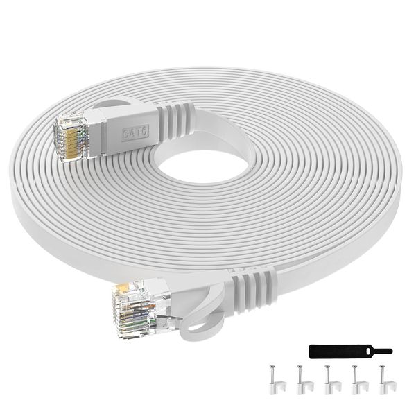 Lovicool 8m CAT6 Flat Run Cable, RJ45 Connector, Gigabit UTP, Anti-Crack, Commercial Use, Category 6, White, Modem, Router, Ethernet Cable