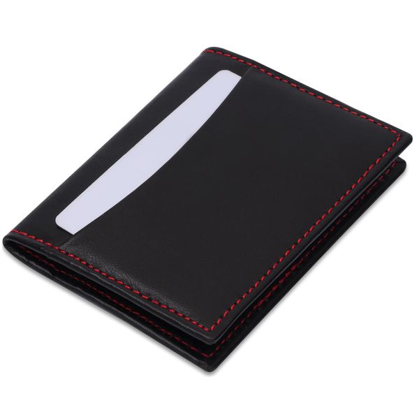 AMEHA Genuine Leather Slim Men Card Holder Wallet - RFID Blocking Minimal Design – Elegant Classic Style (Red Stitch)