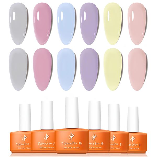 Tonitu G Gel Nail Polish Set 6 Colors Gel Polish Kit, Light Grey Soft Pink Pastel Blue Lavender Pale Yellow Blush Nail Art Design Soak Off LED at Manicure DIY Home Salon Gifts for Women Girls