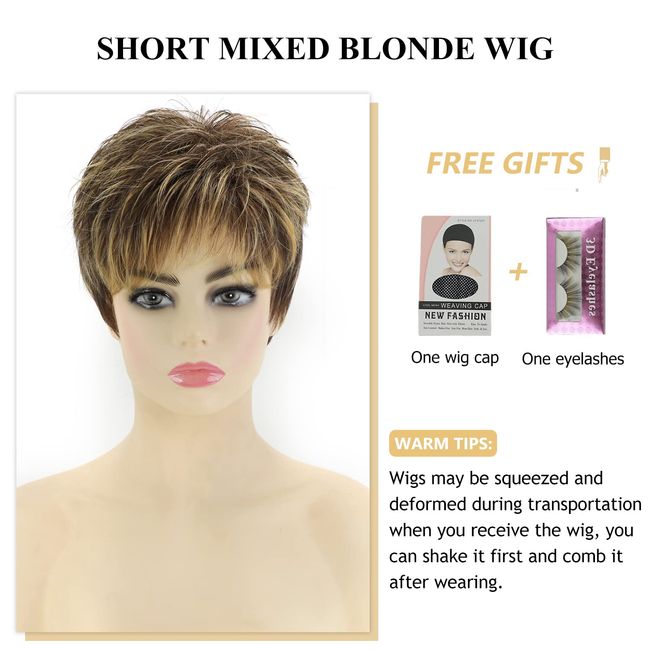 SEVENCOLORS Short Dark Brown Mixed Blonde Highlight Pixie Cut Wigs with Bangs Synthetic Layered Wigs for Women Natural Hair Replacement Wigs