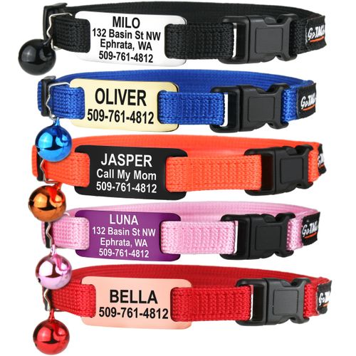 GoTags Cat Collars with Personalized Tag, Breakaway Collar with Safety Buckle Matching Bell, Engraved Custom with Name and Phone, Adjustable for Cats and Kitten, (Blue with Nameplate)