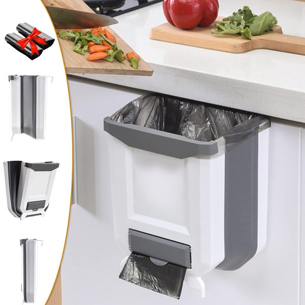 Ruucy Hanging Trash Can, Foldable Kitchen Bins Hanging Food Waste Bin with Trash Bag Storage, 9L Cupboard Bins for Kitchen Cupboard Door, Bathroom, Car, Camping(White Gray)