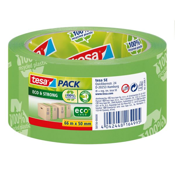 tesapack Eco & Strong - Environmentally Friendly Packing Tape Made of 100 % Recycled Plastic, UV-Resistant and Age-Resistant - Green Printed - 66 m x 50 mm