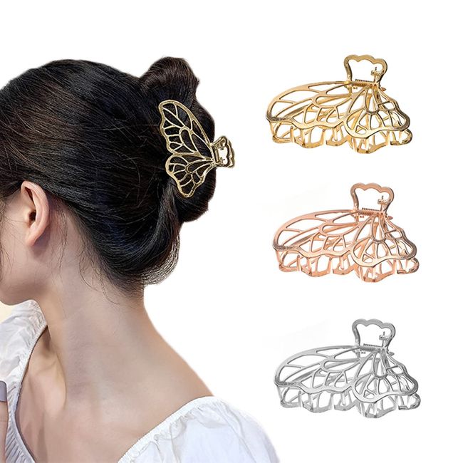 Hoshisea 3 STK Metall Haarklammern, Große Schmetterling Krallen Clips, Metall große Haarklammern, Für das Tägliche Leben von Damen und Mädchen Geeignete Haarnadeln (3 Farben)