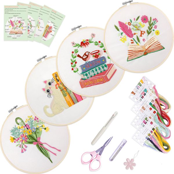 SQIALOUN 4 Sets Embroidery kit for Beginners Adults and Kids with Patterns, Beginner Embroidery Kit, Embroidery Kits for Adults,Hand Embroidery Kit Includes Bamboo Hoop, Cloth, etc