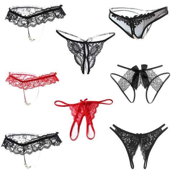 CANMIYOU 8er Packs Damen Spitze Sexy Tanga,Ouvert Slip Unterhosen,Niedrige Taille Offener Schritt V-String Thongs,Perspektive Höschen mit Perlen Blumen Bögen,Erotische Unterwäsche