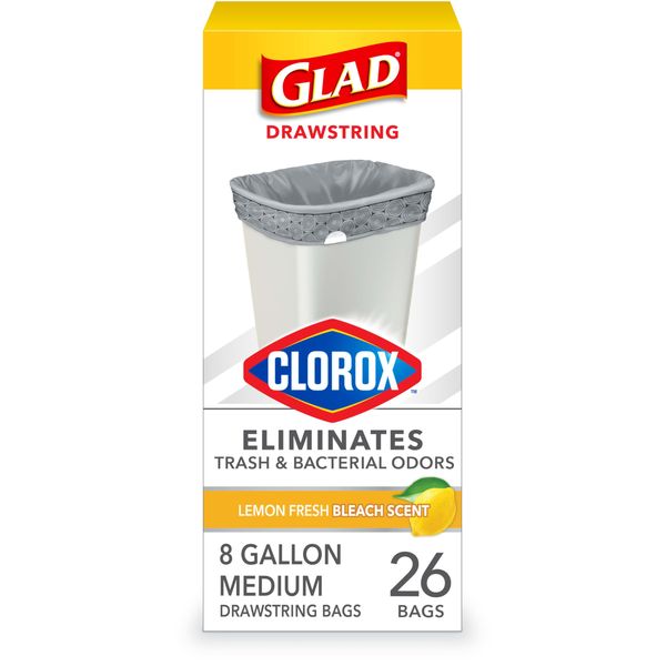 Glad Medium Drawstring Trash Bags with Clorox, 8 Gal, Lemon Fresh Bleach, 26 Ct (Package May Vary)