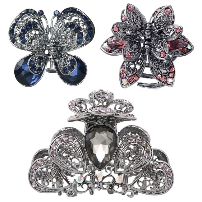 kilofly 3pc Women's Rhinestone Crystal Faux Hair Clip Claw Barrettes Value Pack