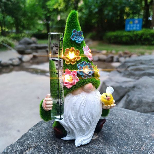 VIVICOMFY Resin Gnome Solar Rain Gauges, Resin Gnome Garden Statue with a Glass Rain Gauge, Hand Painted Gnome Sculpture Water Gauge for Rain