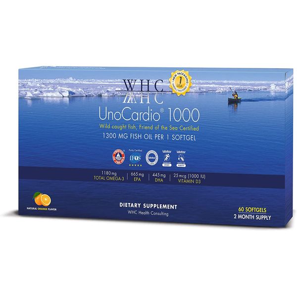 WHC, UnoCardio 1000 Fish Oil, 1300 mg of Pure Triglyceride Fish Oil with Omega-3 (1180 mg), 665 mg EPA and 445 mg DHA and 25 mcg (1000 IU) Vitamin D3 per softgel, Natural Orange, 60 softgels