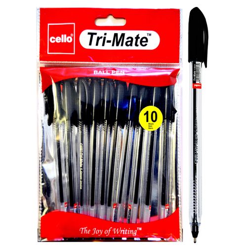 Cello Black Ballpoint Pens, Tri-Mate Medium Point Biros Multipack Pens | 1.0mm Ball Point Black Ink Pens for Writing | Ballpoint Pens Ideal for Stationery Supplies and School Supplies Pack of 10