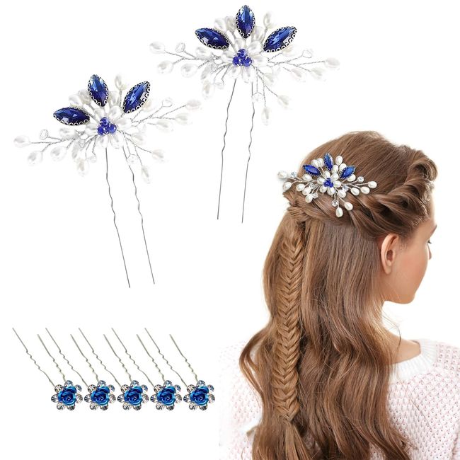 Haarschmuck Blau Haarnadeln Perle Kopfschmuck Hochzeit Kristall Braut Haarschmuck Haarspange Blau 7 Stück für Frauen und Mädchen Haarschmuck Hochzeit