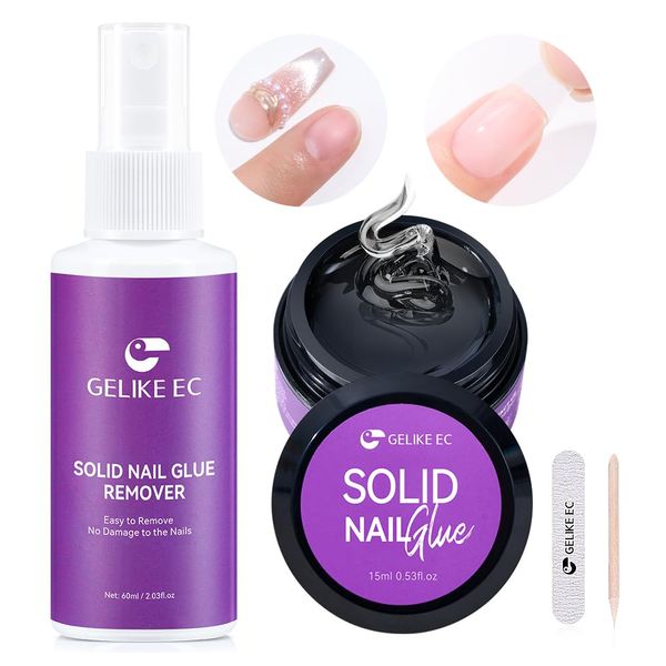 Gelike EC Solid Nail Glue Gel with Remover 60ml, Nail Glue Kit for or Press on Nails, False Acrylic Nail Tips, Stick on Nails UV Extra Strong Long Lasting Easy to Use