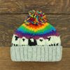 LOUDelephant Hand Knitted Wool Beanie Bobble Hat - Sheep - Light Grey Rainbow Stripe