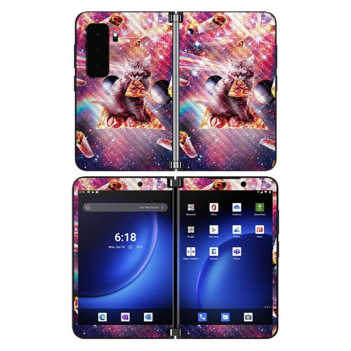 MightySkins Carbon Fiber Skin Compatible with Microsoft Surface Duo 2 - Cosmic Pizza Cat | Protective, Durable Textured Carbon Fiber Finish | Easy to Apply | Made in The USA