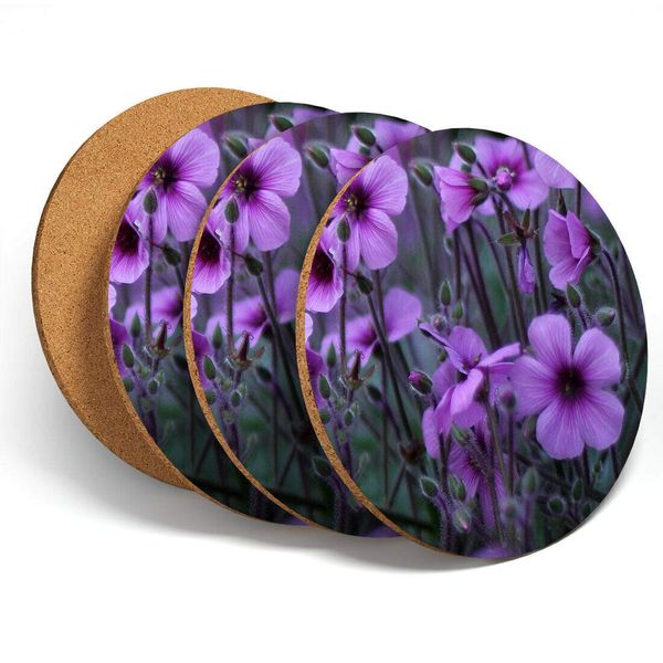 4 Set - Purple Geranium Flowers Coasters - Kitchen Drinks Coaster #13069