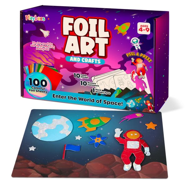 Playbees Foil Art Kit Outer Space - Preschool Arts and Crafts Kit for Kids- No Mess Art for Boys & Girls Ages 4, 5, 6, 7, 8, 9 Years Old - DIY Creative Activity - Art & Craft Activity