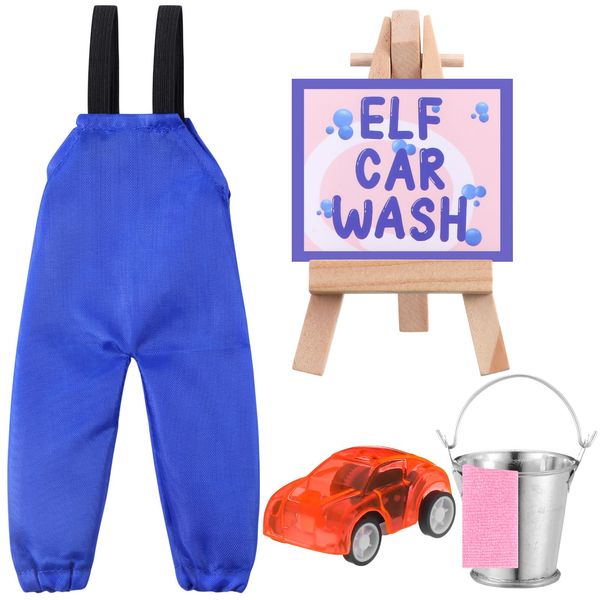 Outus 6 Pcs Christmas Elf Accessories Elf Doll Car Wash Outfit Set elf Prop Include Elf Car Wash Clothes Mini Bucket Car Card Towel Display Stand for Xmas Elf Dollhouse Decorations DIY Craft Gift