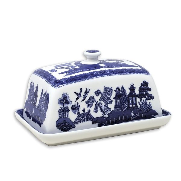 UNIQUE HOME LIVING Blue Willow Butter Dish Ceramic Covered Server Style Oriental Design Tableware