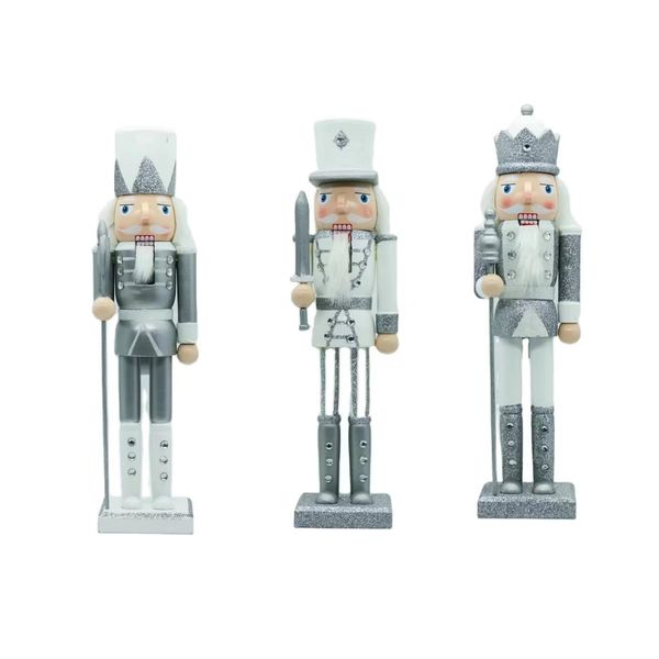 SHATCHI 25cm Silver/White Glitter Wooden Christmas Nutcrackers - 3pcs Set - Soldiers King Puppet Figurines Home Decoration Ornament