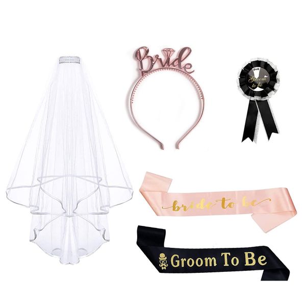 TSHAOUN Bachelor Party Set, Groom and Bride to Be Accessories Set Include 2 Sash, 1 Brooch, Bridal Wedding Veil and Bride Headband for Bachelor Party Engagement Celebration Supplies (2black+3pink)