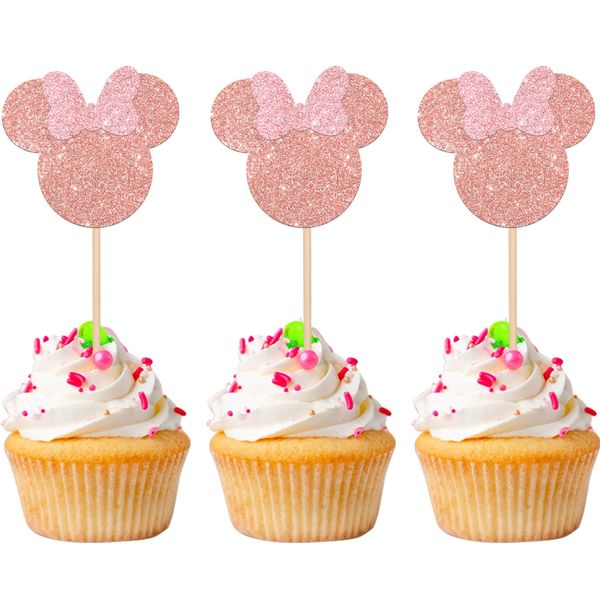 24 PCS Mouse Inspired Cupcake Toppers with Pink Bow Rose Gold Glitter Mini Cupcake Picks Decorations for Baby Shower Wedding Kids Birthday Party Supplies