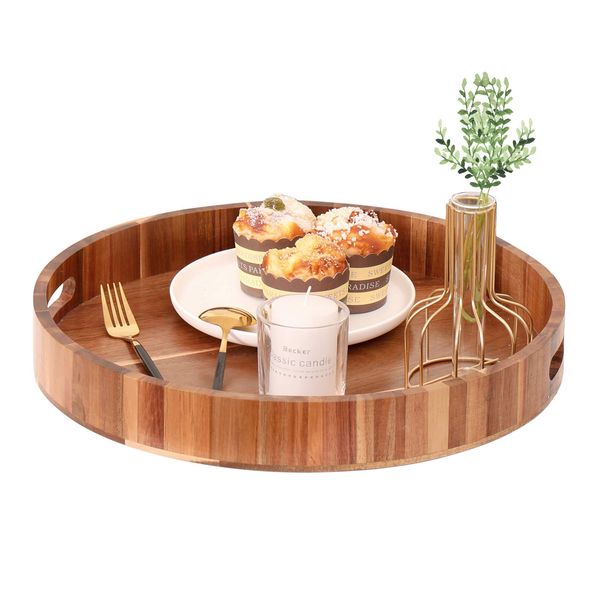 WONFUlity Round Wooden Trays for Coffee Table，Leak-Proof Ottoman Tray Acacia Wood Tray with Handles Food Serving Trays for Living Room 16.34 Inch