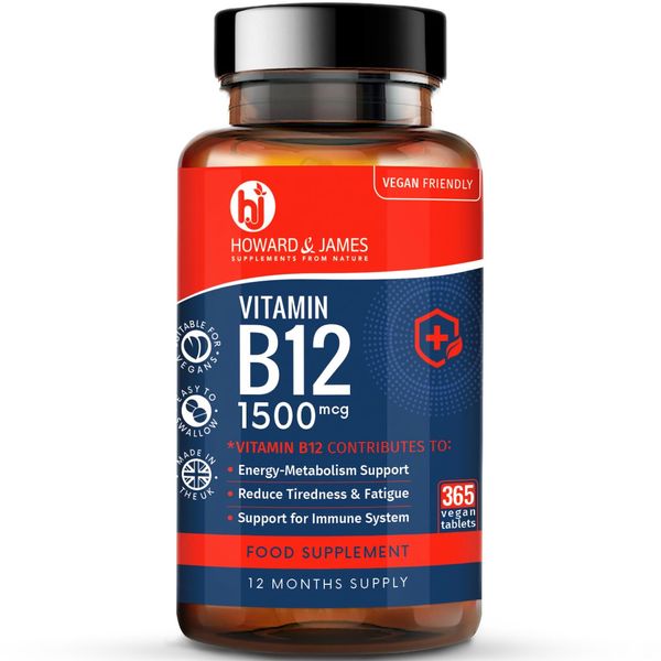 Vitamin B12 Tablets High Strength 1500mcg Vegan B12 Supplement - 365 Methylcobalamin Tablets - 1 Year Supply - Tiredness and Fatigue Tablets - Immunity Supplements - GMP Approved - Made in UK