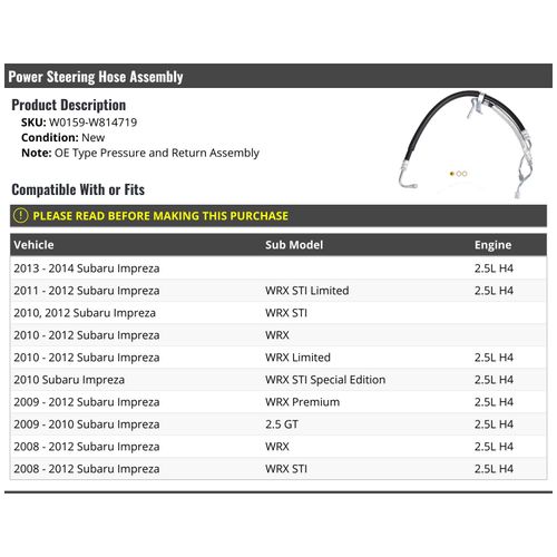 Marketplace Auto Parts Power Steering Pressure and Return Hose Assembly - Compatible with 2008-2014 Subaru Impreza 2.5L H4