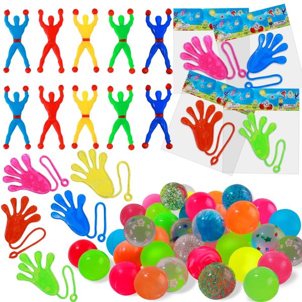 ALKNOT 72 PCS Party Favors Toys Assortment for Kids - 24pcs Sticky Hands, 36pcs Bouncy Balls and 12pcs Wall Crawler Men, Sticky Hand Bouncy ball for Children Stretchy Treasure Toy Bulk Party Favors…