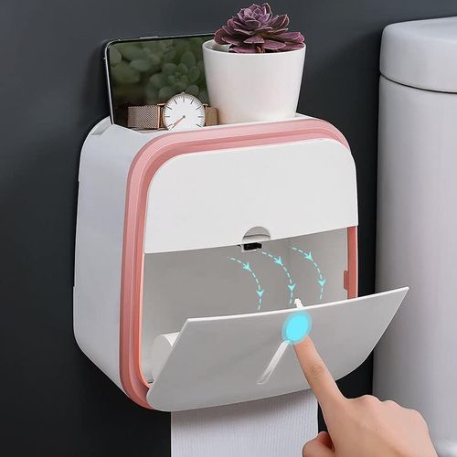 Tissue Box Holder Wall Mounted, Toilet Paper Storage Box with Drawer and Phone Holder, Wall Mounted Waterproof Bathroom Paper Roll Holder No Drilling Papers Roll Dispenser (Pink)