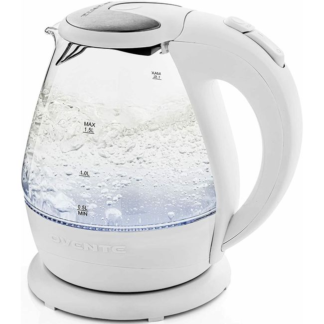 Ovente Lighted Electric Glass Kettle 1.5 Liter  Auto Shut-Off White KG845W