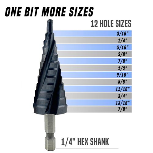 Pro Edge Technology Four Spiral Flute Cobalt Step Drill Bit, 3/16" - 7/8"(12 Sizes), 1/4" Hex Shank Step Bit Fully Coated with TiAlN for Metal, Stainless Steel, Aluminum, Plastic