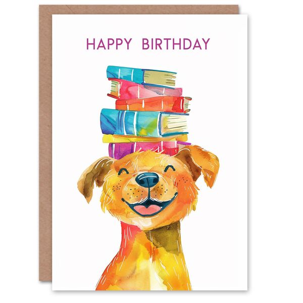 Birthday Card Happy Dog Pet Puppy with Book Stack on Head For Girl Boy Kids