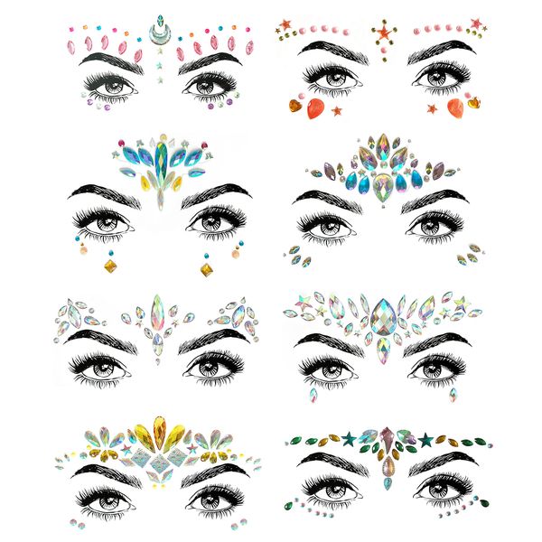 SHINEYES 8 Pcs Gemstone Face Stickers for Music Festival Holiday Party, Rhinestone Face decal for Halloween Christmas, Face Glitter Sticker Temporary Tattoo for Birthday Carnival