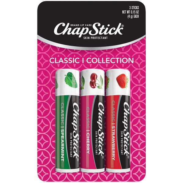 ChapStick Classic Spearmint, Cherry and Strawberry Lip Balm Tubes Variety Pack - 0.15 Oz Each (Pack of 3)