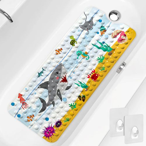 PRATIQUE Kids Bath Mat for Tub Non Slip，40 X 16 Inch Extra Long Kids Bathtub Mat Ocean Bathtub Shower Mat Safety Anti Slip with Suction Cups and Drain Holes, Machine Washable(Shark)